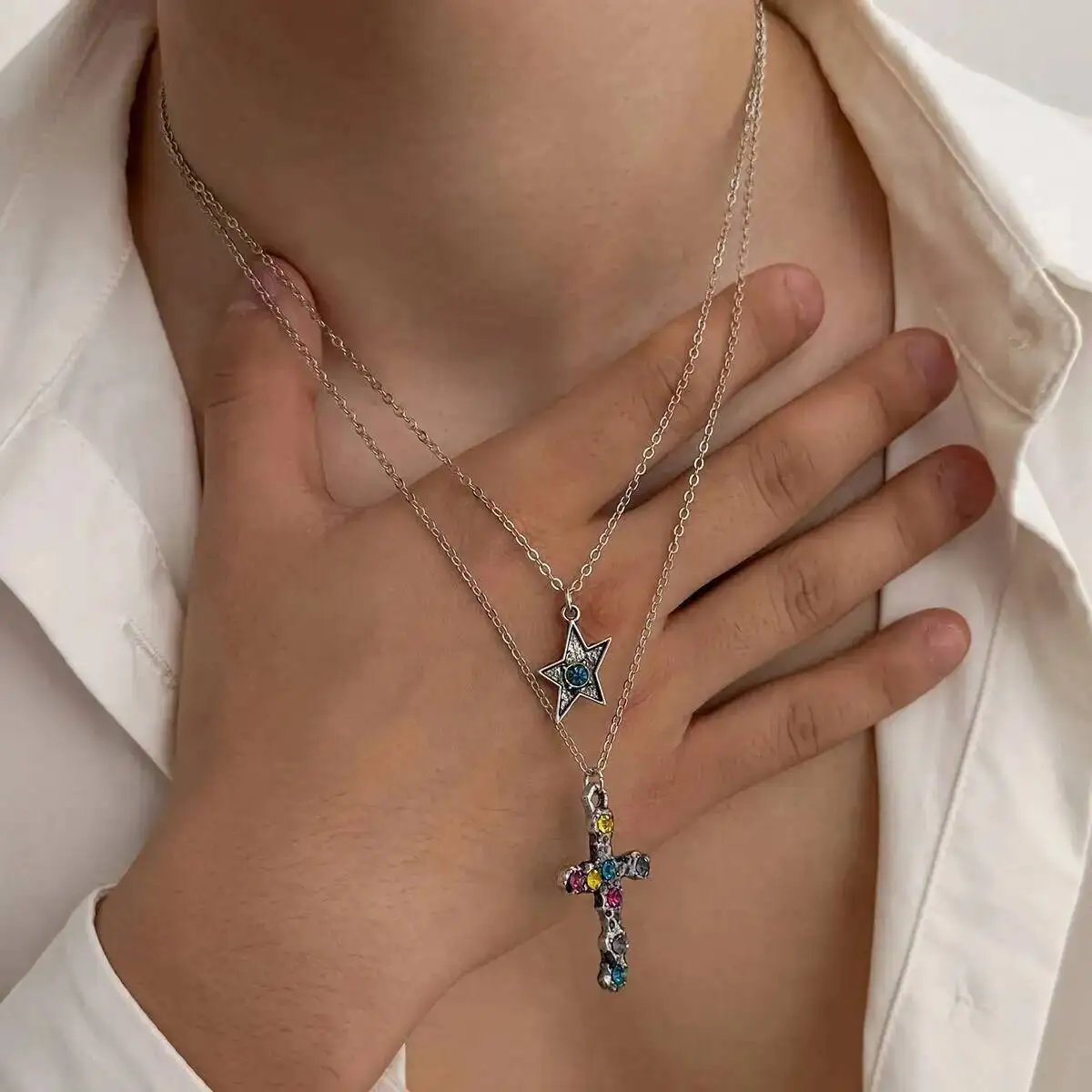 SHIXIN 2Pcs/Set Trendy Chram Acrylic Rhinestone Cross Pentagram Pendant Necklace Women Men Couple Daily Wear Jewelry Accessories