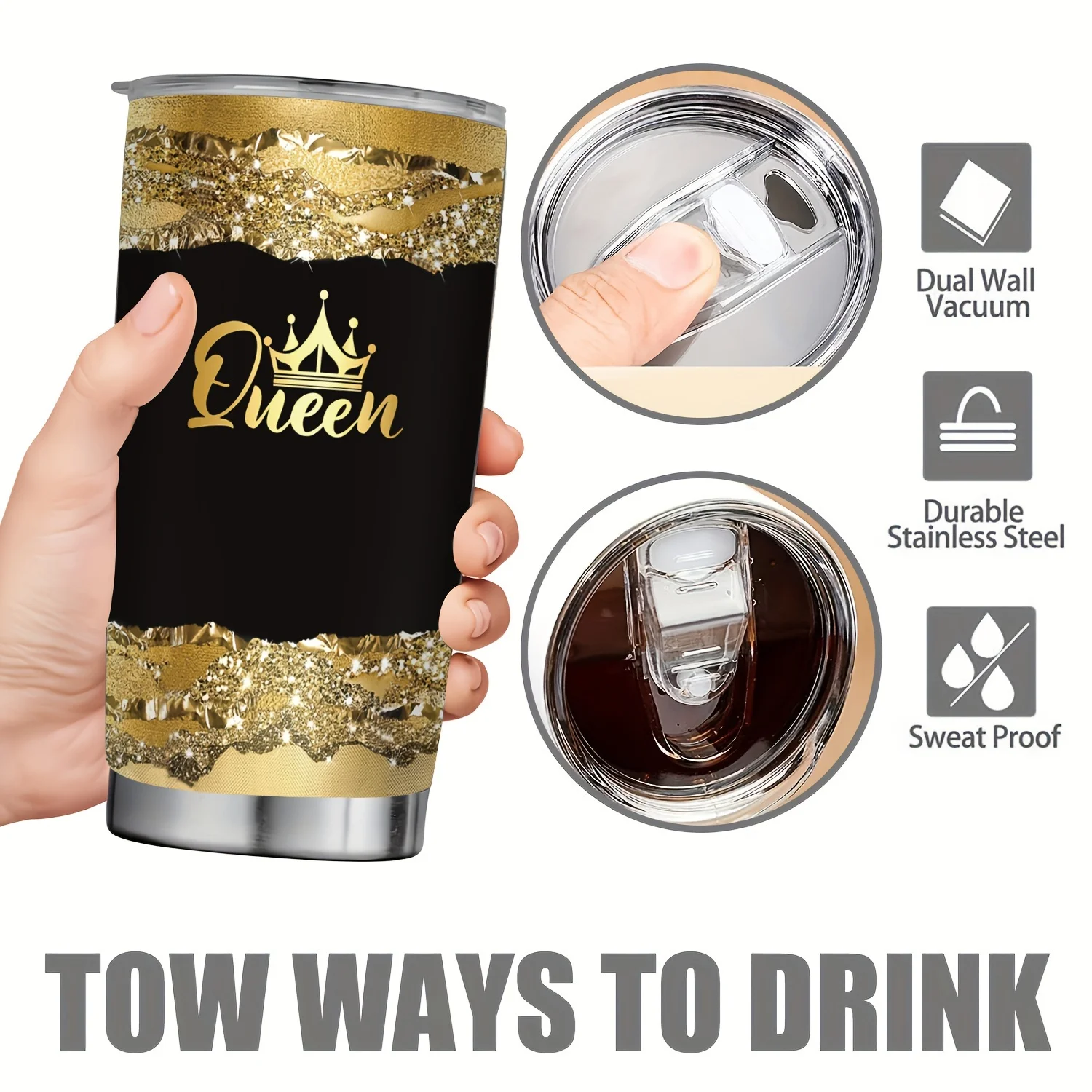 عبوة واحدة من كوب معزول كوين مع غطاء، كوب سفر من الفولاذ المقاوم للصدأ سعة 20 أونصة، كوب حراري قابل لإعادة الاستخدام للمشروبات الساخنة والباردة #4