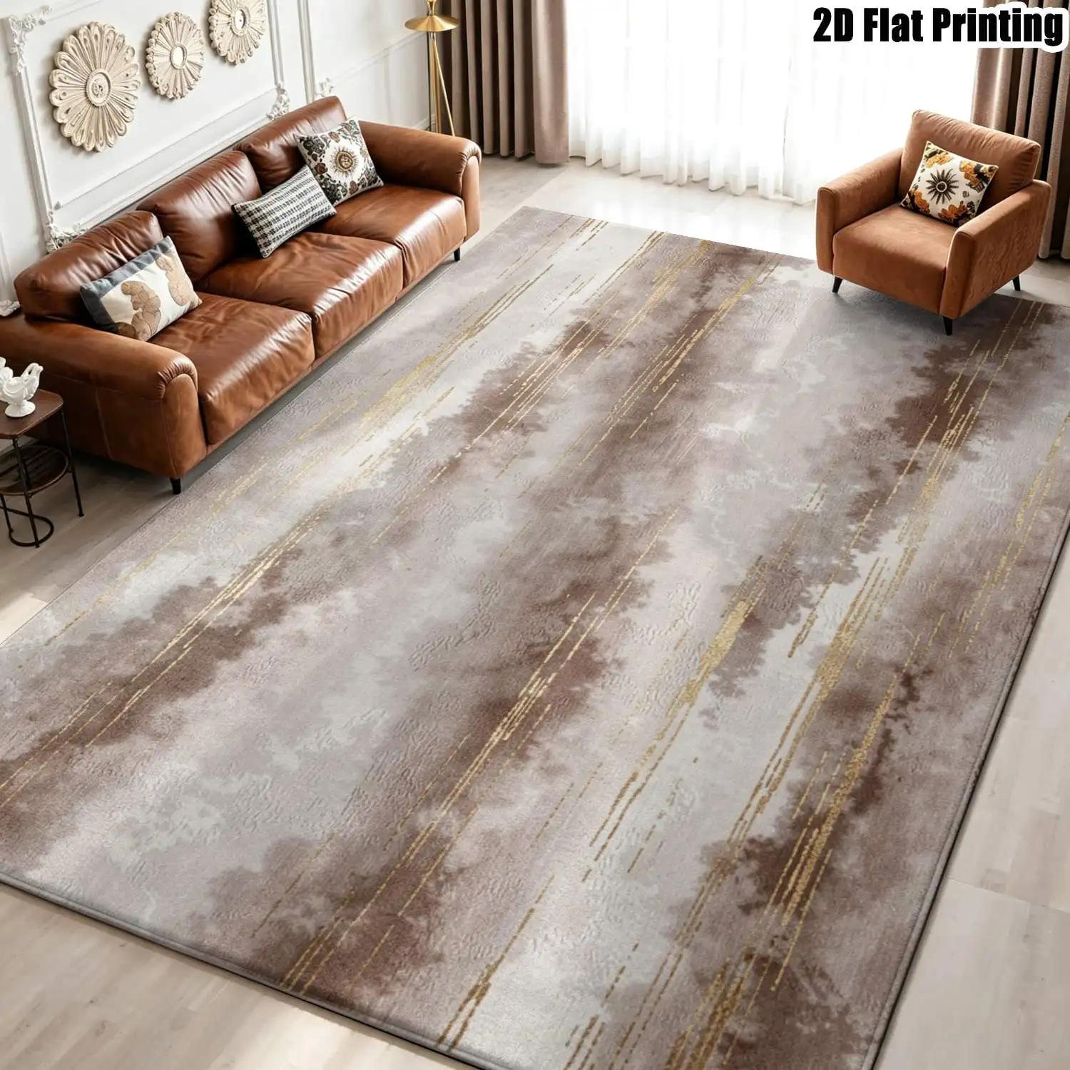 1Pc 2D Printed Light Brown Abstract Art Nordic/Instagram-Inspired Modern Minimalist European Vintage Carpet, Machine Washable, Multi-Size, Suitable for Entrance/Dining/Foyer/Living Room/Bedroom Home Decoration