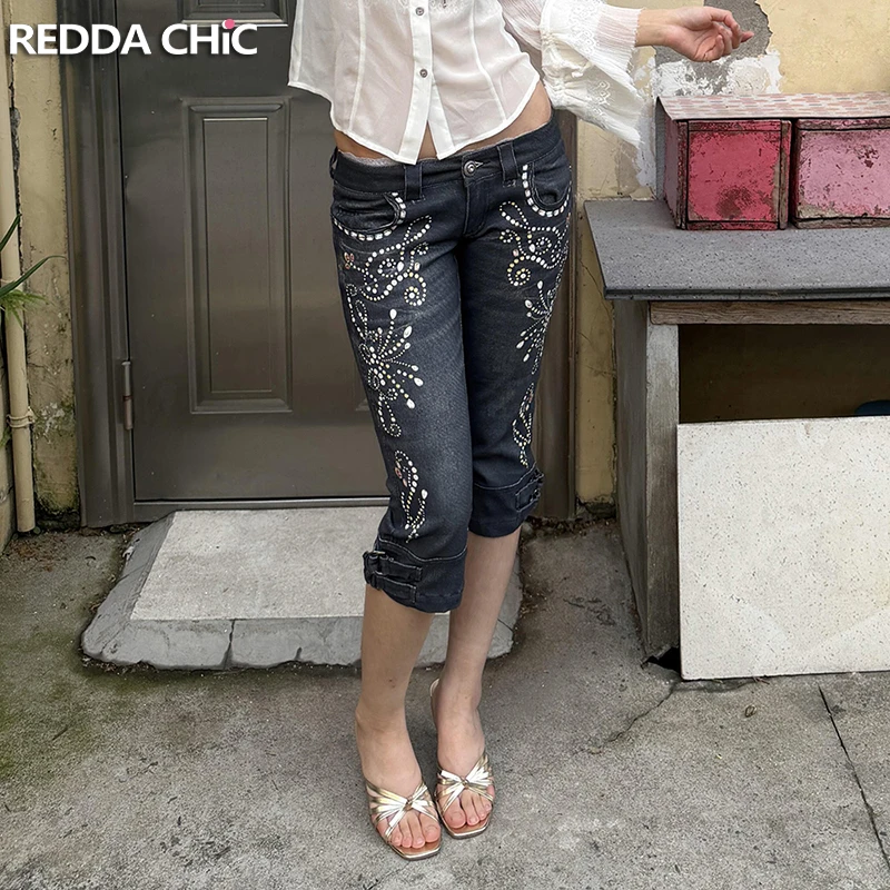 

ReddaChic Crystal Embellished Capri Jeans for Women Y2K Lounge Shiny Washed Low Waist Tight Jean Jorts Sexy Vintage Streetwear