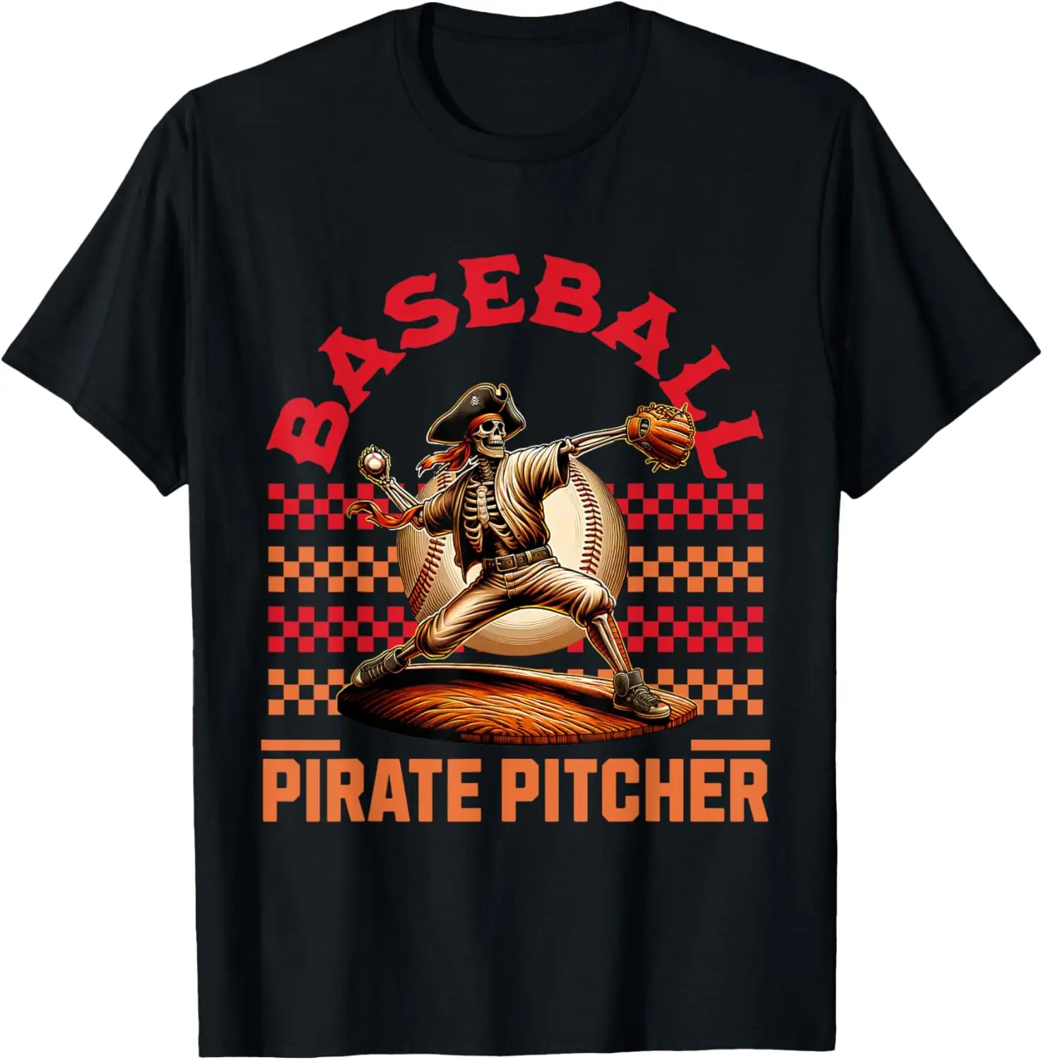 Baseball Pirate Skeleton Baseball Pitcher Lover Retro Sports T-Shirt