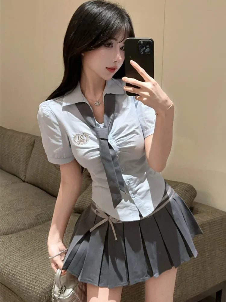 

Sweet Summer School Uniform Style JK Uniform Pure Desire Spicy Girl Pleated Slim Waist Shirt High Waist Pleated Skirt Set Trendy