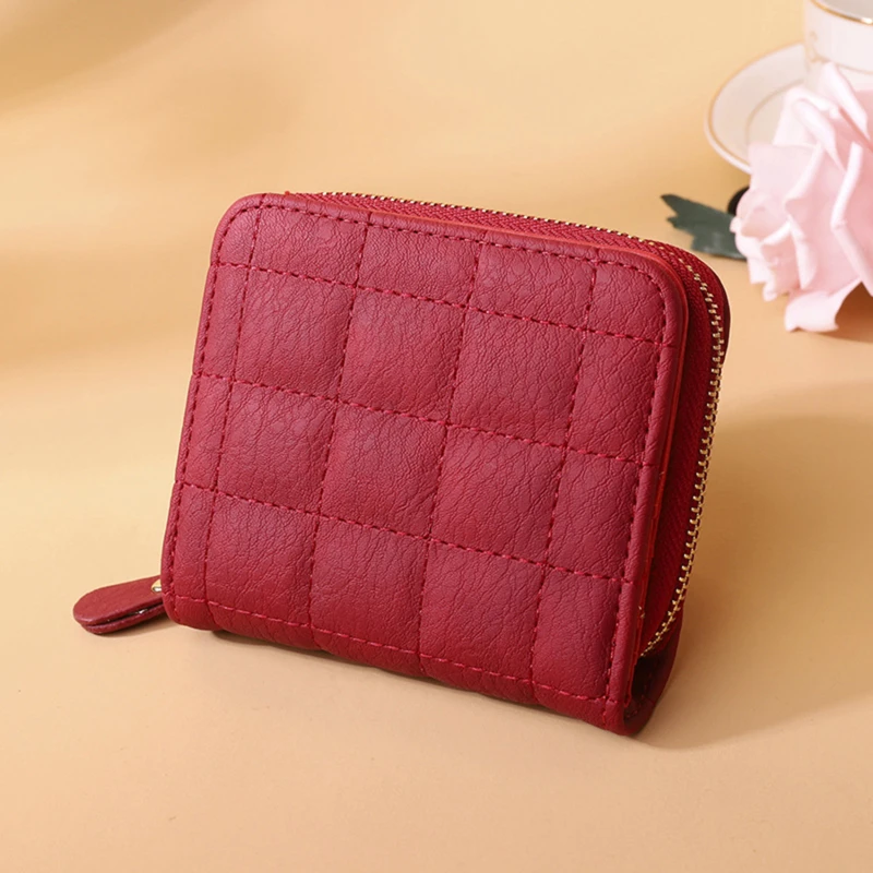 

New Women's Short Wallets PU leather Female Plaid Card Holder Wallet Luxury Brand Ladies Small Zipper Wallet with Coin Purse