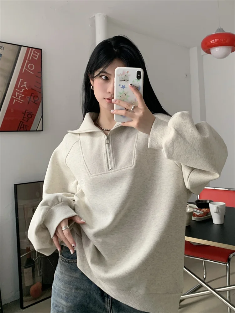 

plus Size Women's American Retro ey Zipper Collared Sweatirt Loose Casual Top Trendy Autumn Winter New Sle Slimming Effect