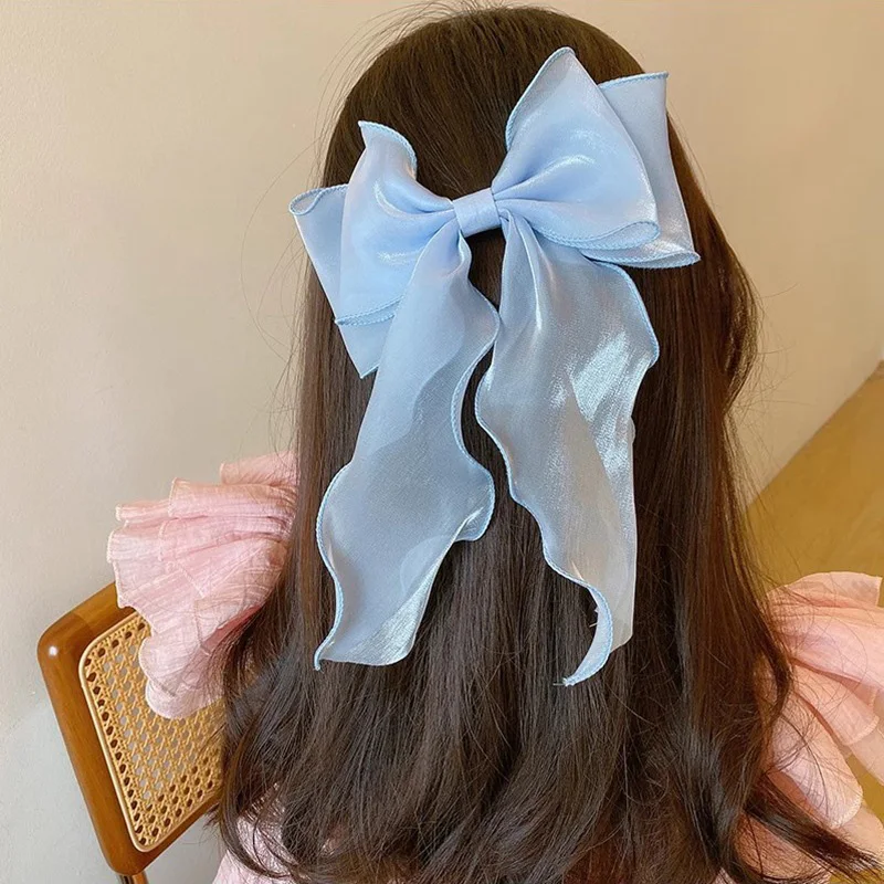 

Shiny Mesh Gauze Bow Hair Clips Long Ribbon Bowknot Barrettes Blue Beige Girl Hairpins Fairy Headdress Princess Dress Headwear