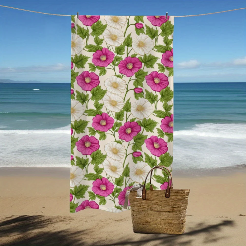 1 Diseño floral moderno con flores rosas y hojas verdes sobre fondo blanco para playa, piscina, viajes, camping, gimnasio.