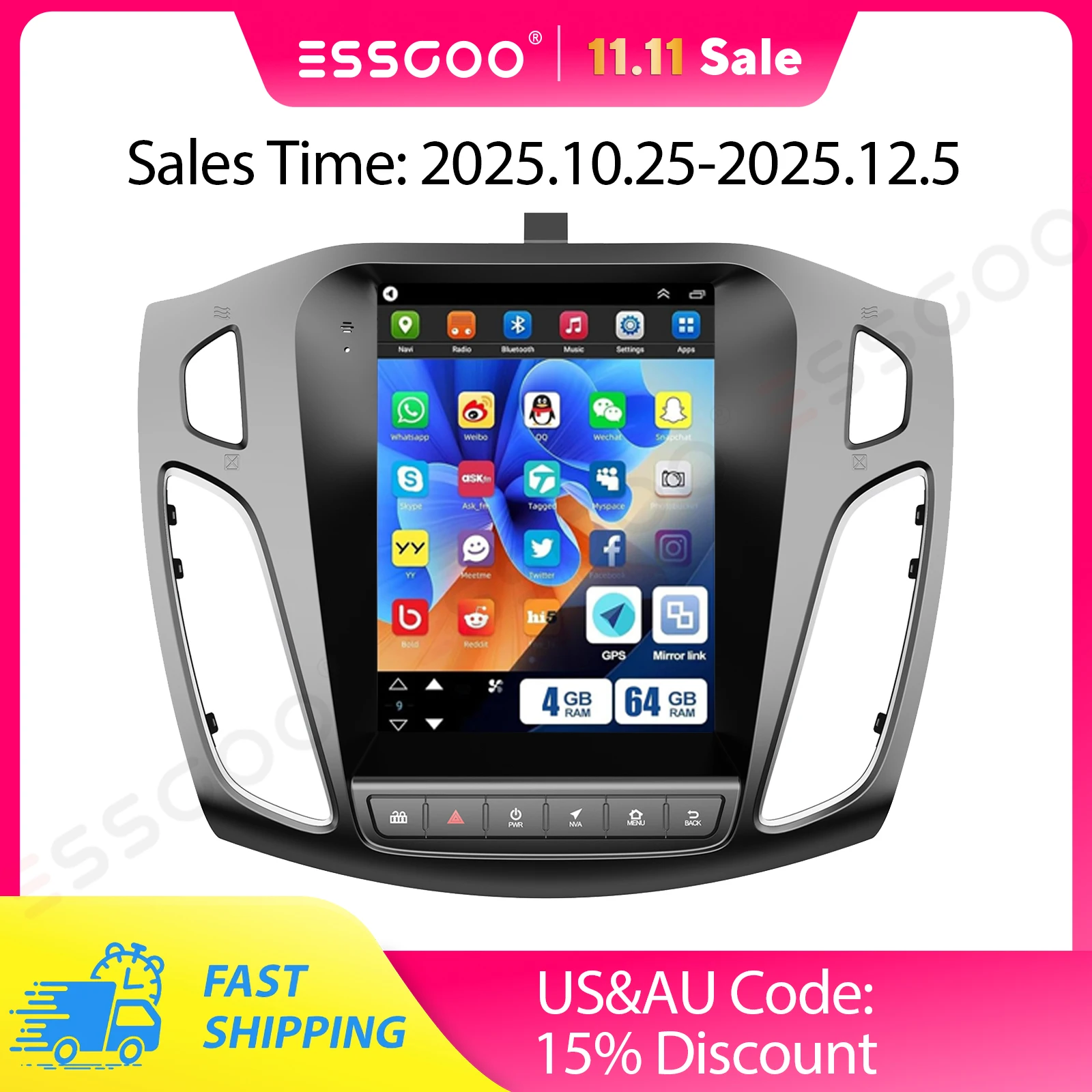 9.7 "لسيارة فورد فوكس MK3 2012-2018 Android14 Carplay 4 + 64G راديو ستيريو للسيارة نظام تحديد المواقع نافي بلوتوث واي فاي FM سبليت شاشة SWC + DVR & AHD #1