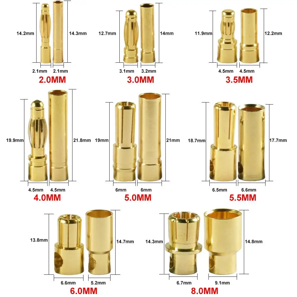 9IMOD 5/10Pair RC Bullet Connectors 2/3/3.5/4.0/5/5.5/6/8mm Male Female Banana Bullet Connector Plug Gold-plated Adapter