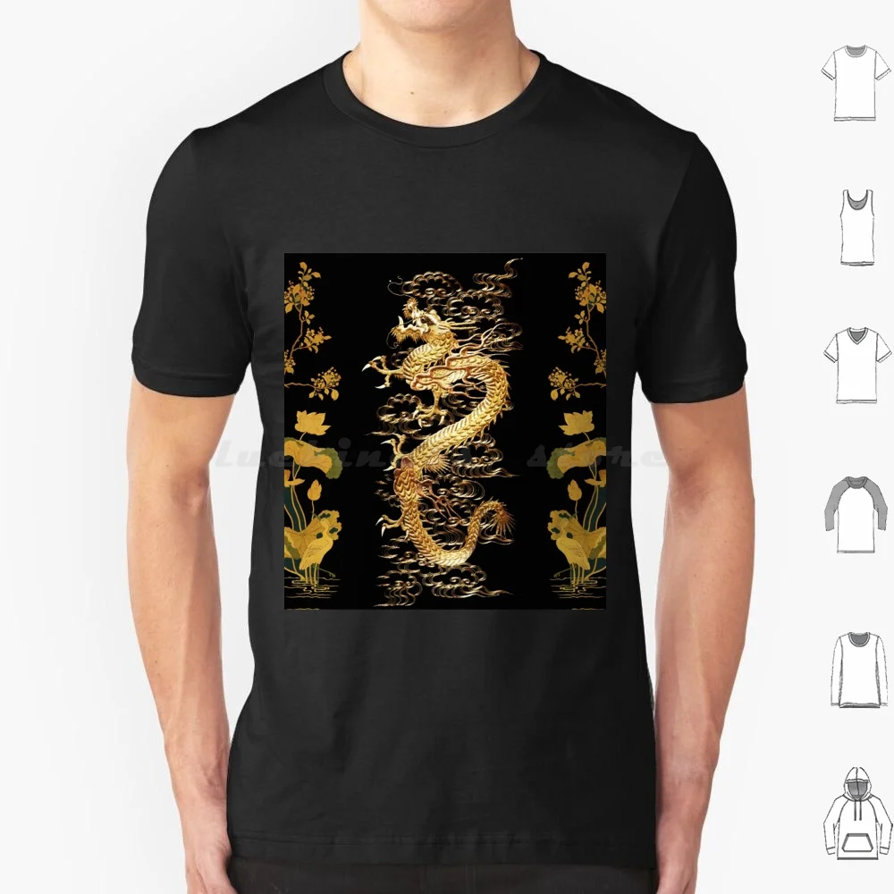 Gold Dragon In Black , Egret , Lotus , Green Gold Floral T Shirt Cotton Men Women DIY Print Dragon Myth Mythical Animals