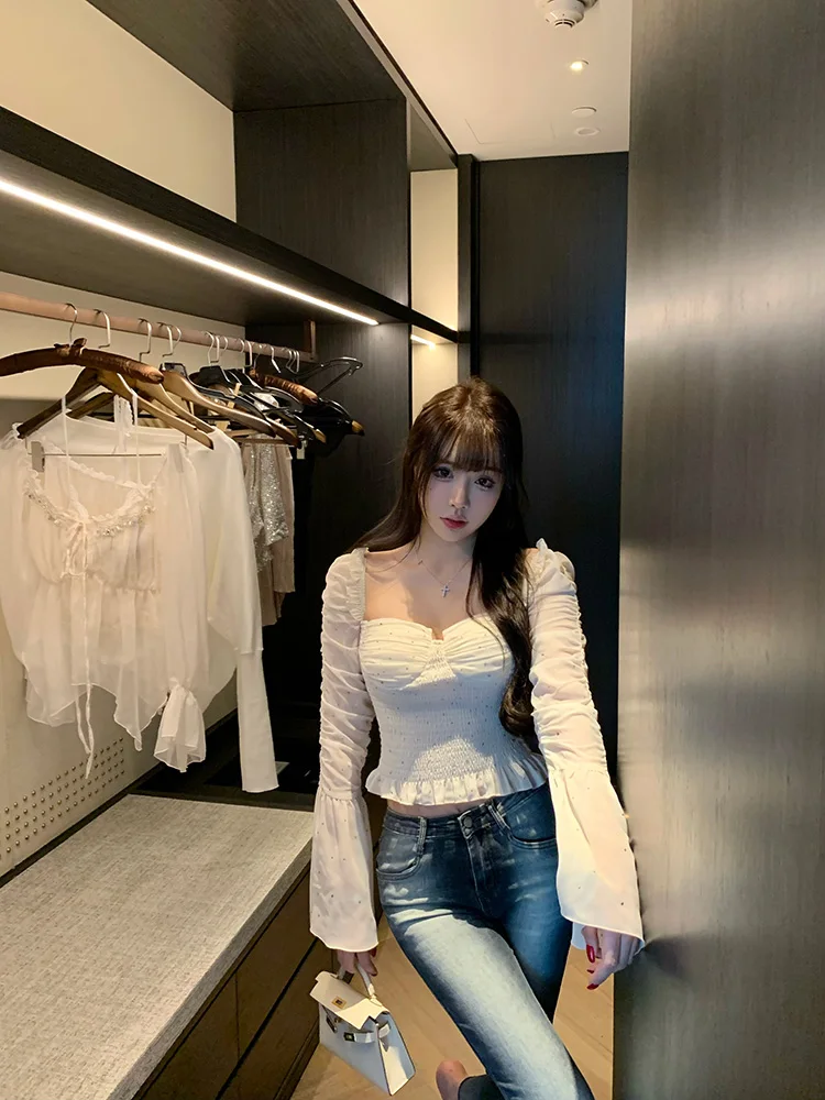 

Princ Sle Square Collar Elastic Waist Diamond Detail Bell Sve Top Women's Summer Autumn Loose Fit Lace Yarn Faion