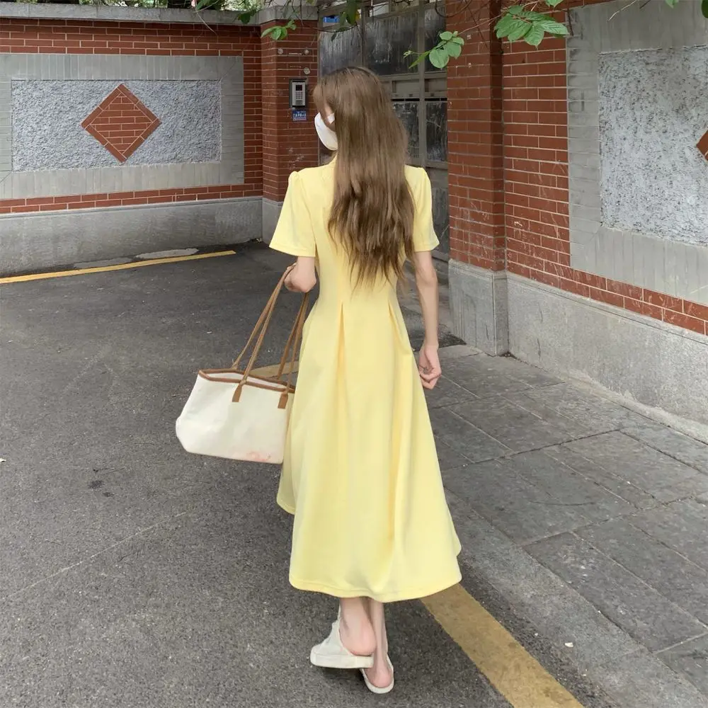 Summer New Advanced Sense Casual Dress for Women's Loose Slimming Oversized Polo_neck Zipper Short Sleeve Temperament Long Skirt