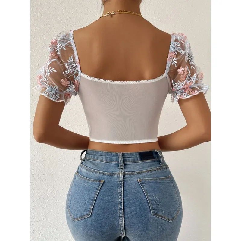 Mesh Stitching Short Sleeved T-shirt Bubble Sleeve Fishbone Crop Top Woman Backless Retro Elegante Base Top All-Match Summer