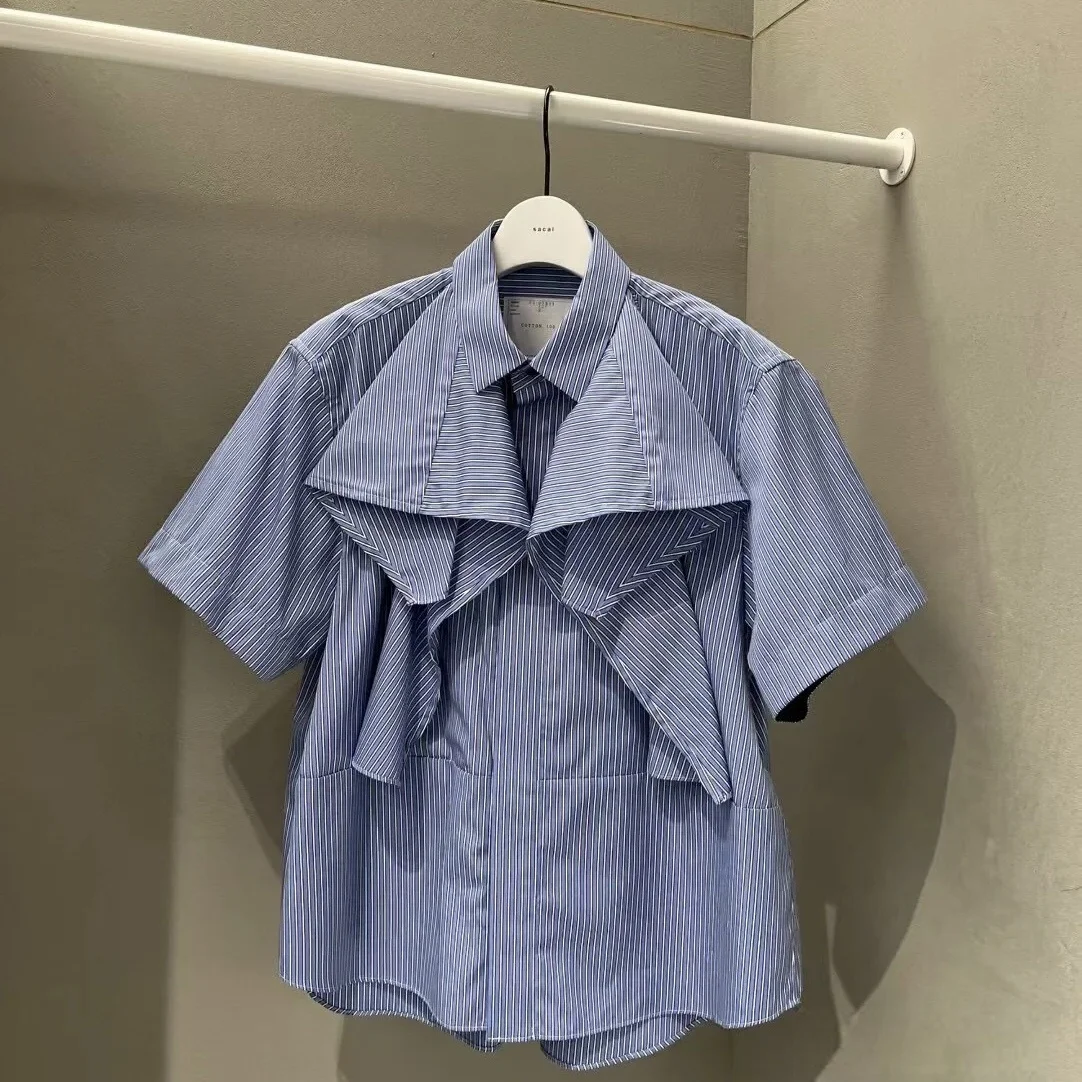 FOG SACAI Japanisches SLE Frühling Sommer Neues irt Patchwork ort Sve Asymmetrisches T-Shirt Damen Faion Top Baumwollmischung M...