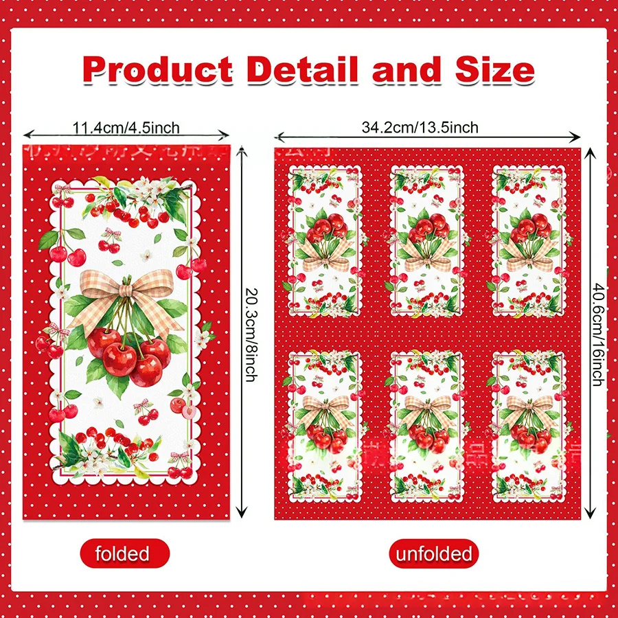 20Pcs Red Polka Dot Cherry Gingham Bow Disposable Paper Napkins for Cottagecore Tea Party DIY Decoupage Table Tissue Serviettes