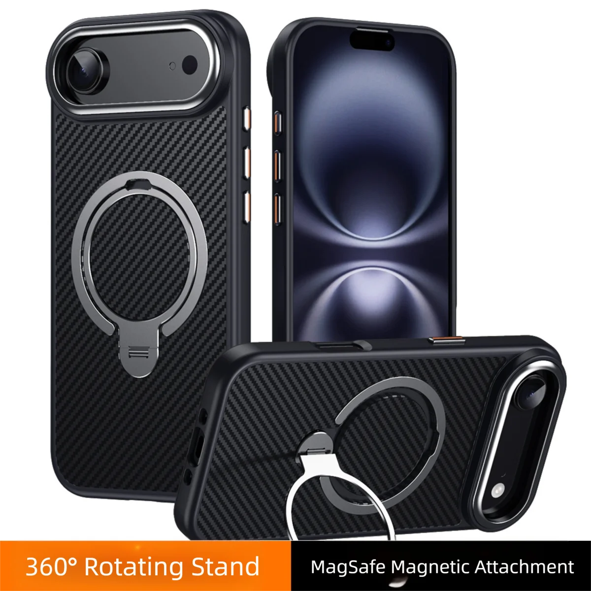 

Carbon Fiber Aramid Style for MagSafe Case for iPhone 16 15 14 13 12 17 Pro Max 16e 17 Air Plus Ring Stand Holder Cover LMD004