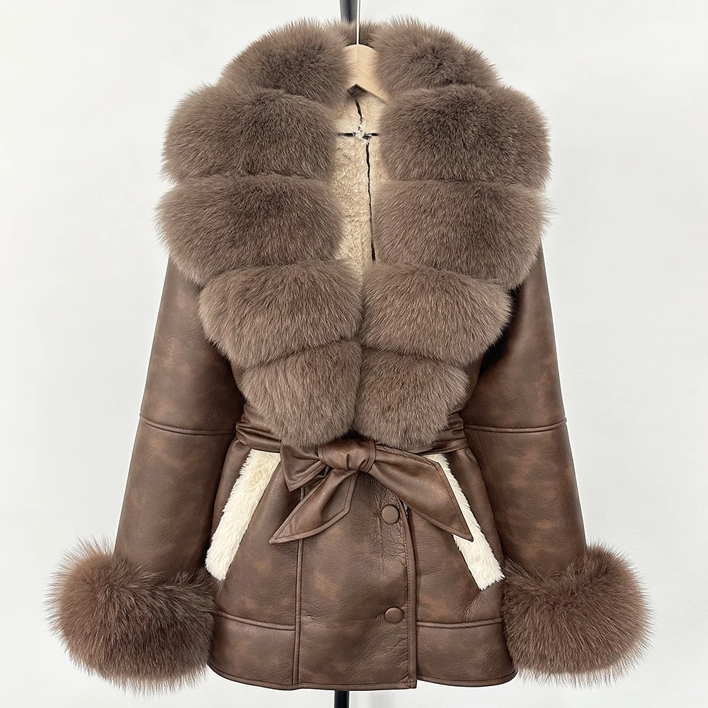 Elegant Real Fur Coat New Autumn Winter Lamb Fur Jacket Ladies 2025 Large Real Fur Women Faux Leather Jacket Warm Outwear Tops