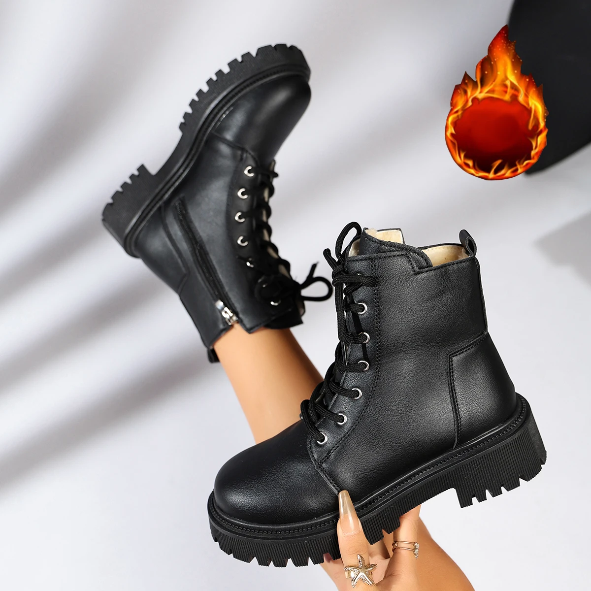 Women Winter Casual Short Plush Ankle Boots Fashion Side Zip Lace Up Platform Boots Trend Comfy Mid Heels Shoes Zapatos De Mujer