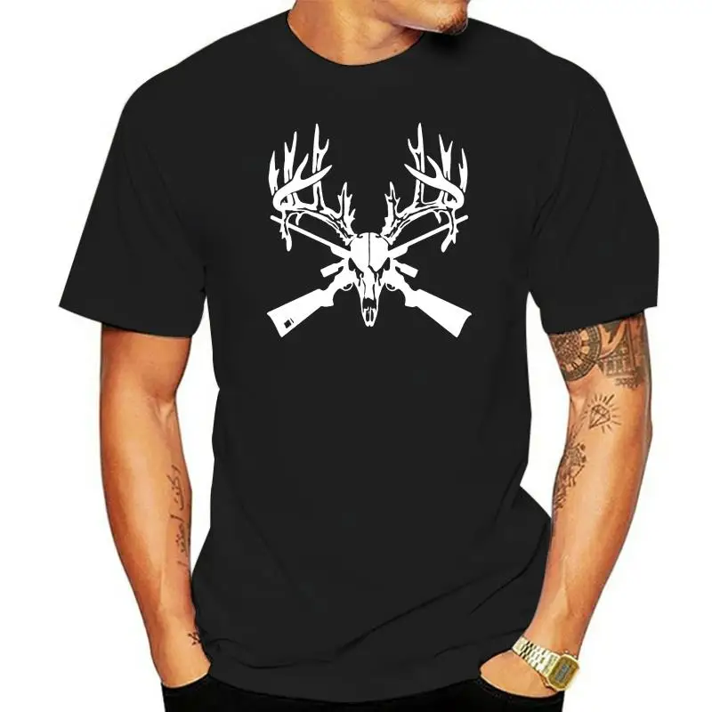 Deer Huge Antlers Skull Crossed Guns short sleeve T Shirt Hunting Horns rifle