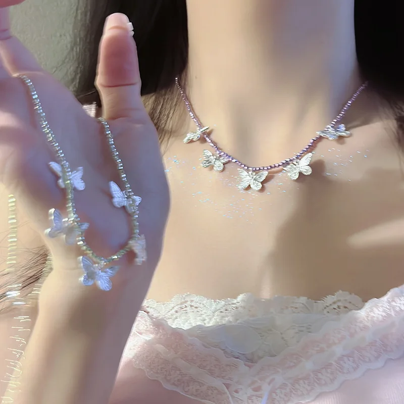 Crushed Silver Beaded Butterfly Necklace Sweet Cool Choker For Women Premium Minimalist Collarbone Delicate Jewelry