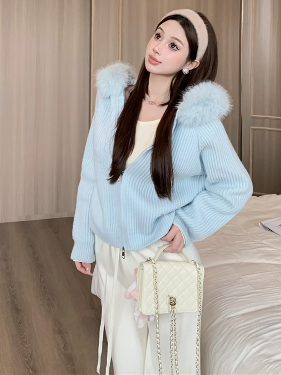 Korean Style Casual Knitted Furry Hooded Open Cardigan Removable Fur Collar Brushed Base Top High Waist Straight Leg Pants