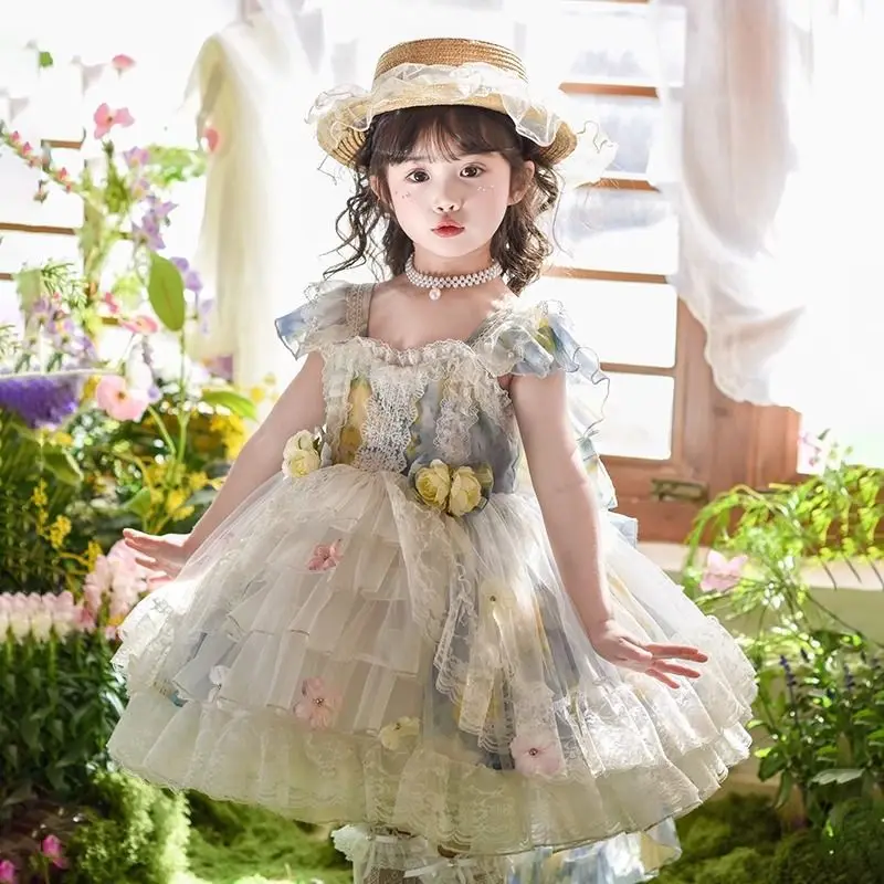 Summer Backless Lolita Ball Gown Girls Kids Sets Princess Floral Layed Dress Birthday Party Childrens Gauze Clothing Wedding Sun