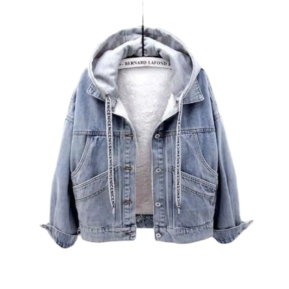 Blue Deconstructable Hooded Turn-down Collar Denim Jacket Women Loose Button Patchwork Outwear Jean Coat Female Plus Velvet