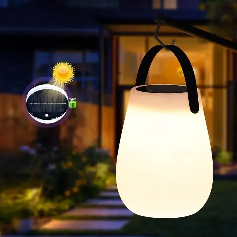 

Solar Powered Outdoor Camping LED Tabletop Lantern USB Rechargeable Battery Cordless PE Table Lamp with Silicone Handle light