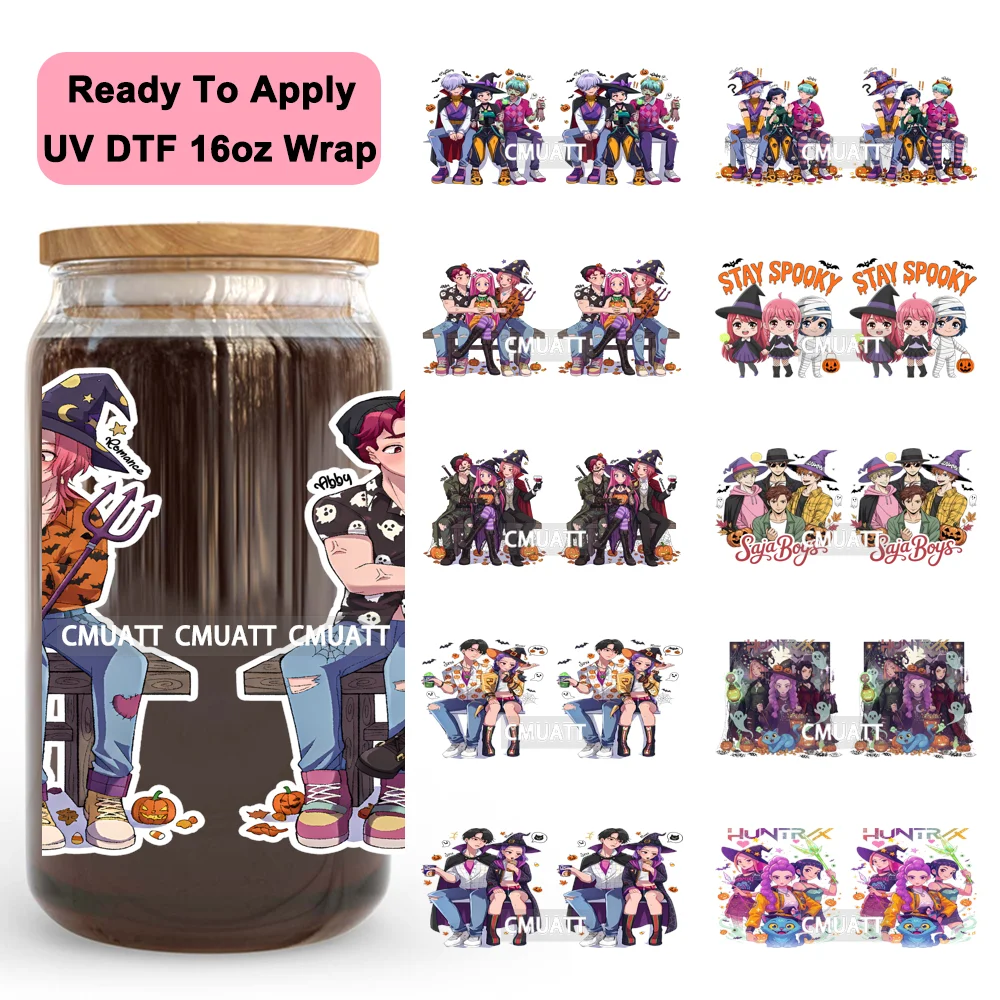 أغطية كأس Spoky Kpop Boy Band Demon Hunters Halloween 16OZ UV DTF جاهزة لتطبيق ملصقات نقل مخصصة لعلبة Libbey Glass
