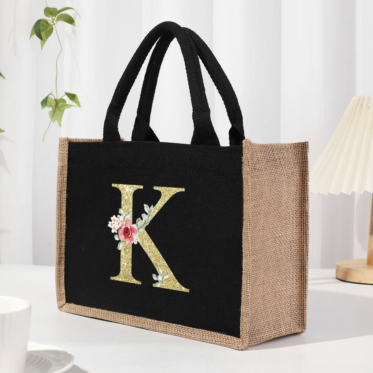 Gold Letter Black Patchwork Linen Canvas Handbag with Waterproof Interior Large Capacity Commuting Bag Organizer Bag