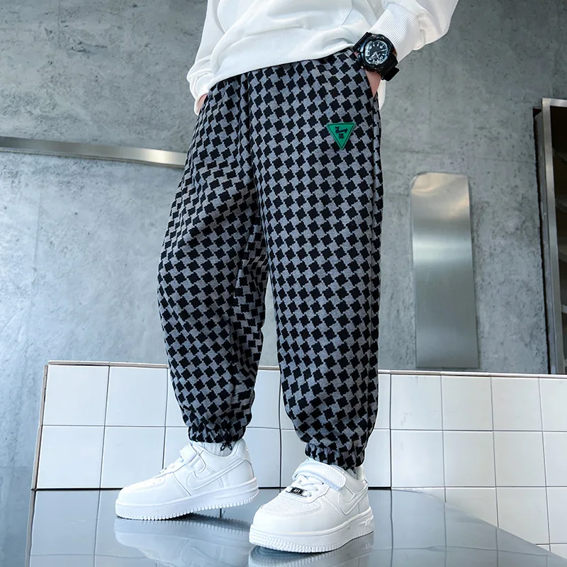 Plaid Pants Children Casual Loose Leg Trousers With Pocket Boy Trousers Streetwear