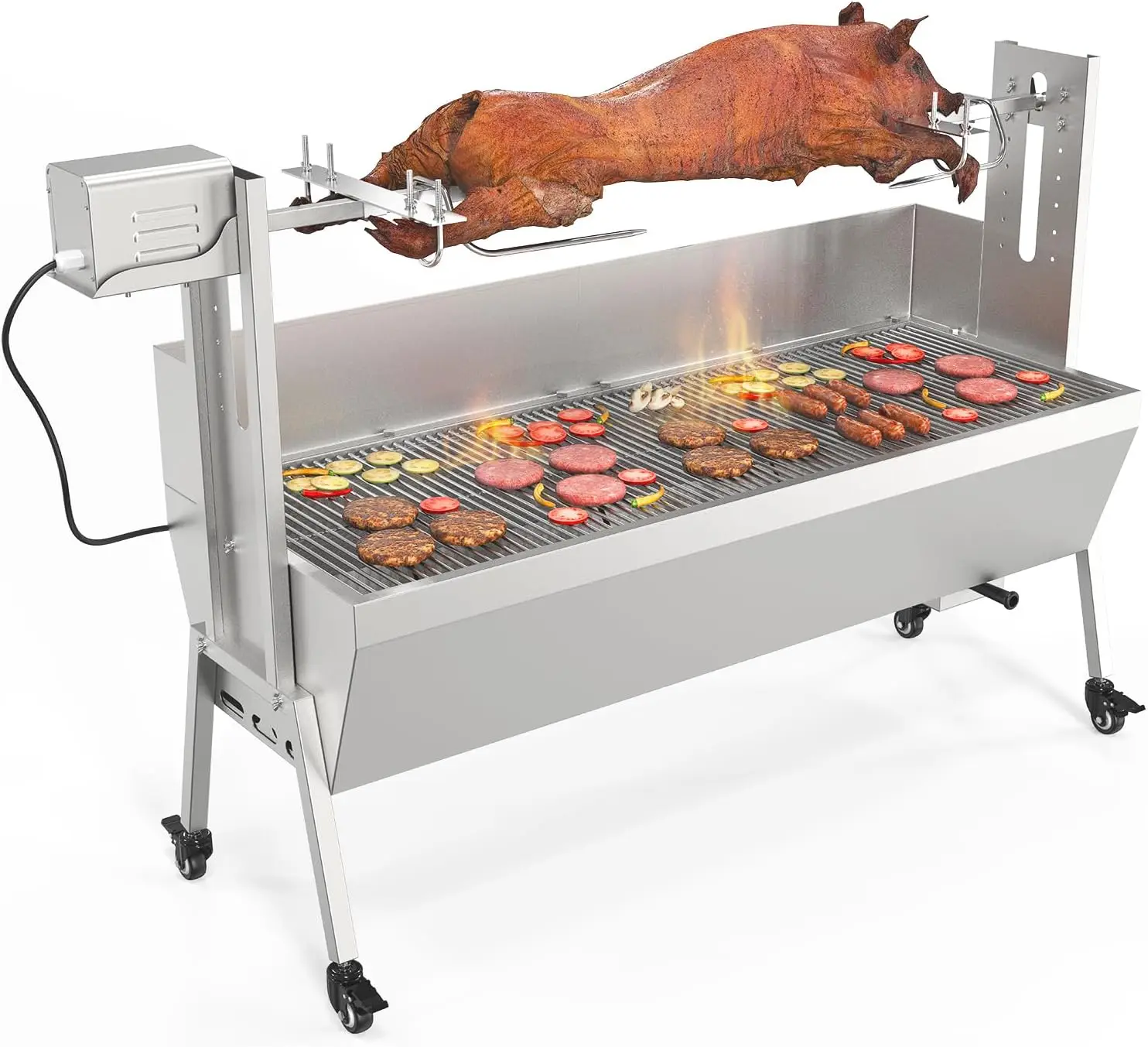 Rovsun Rotisserie Grill Kit 176 Lbs Capacity, Electric Rotisserie Grill Pig Lamb Spit Roaster Stand W/Lockable Wheels Wind