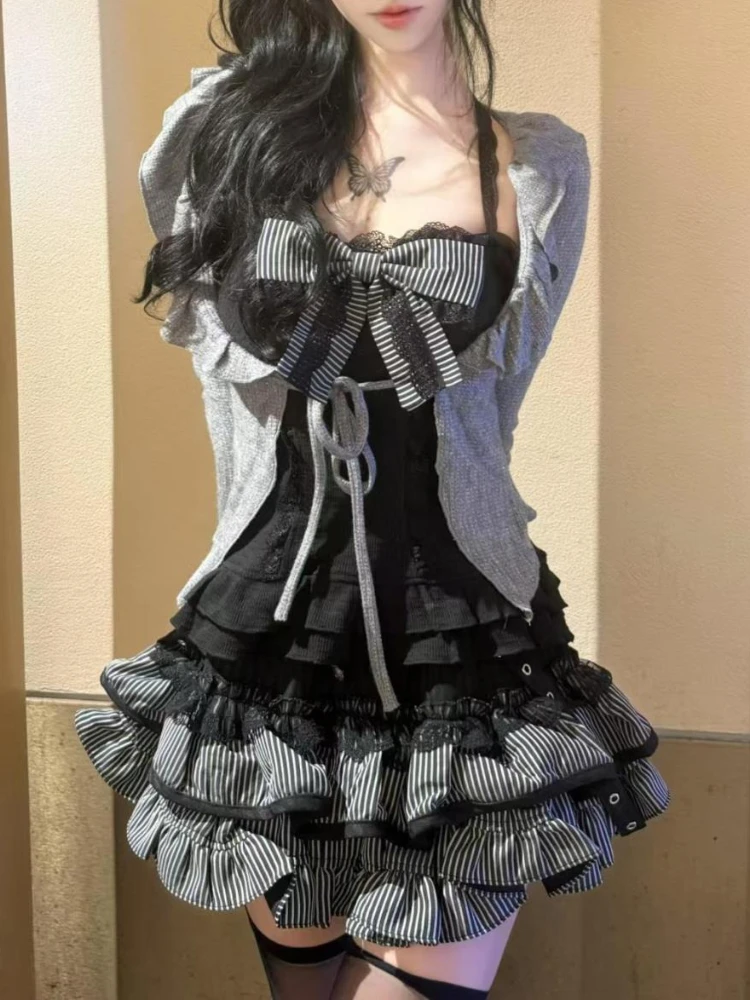 

Японский сладкий консервативный стиль Ретро 3-х предметный комплект Кружевной кардиган Шикарный жилет + юбка-тортик Новая мода Готический тонкий осенний женский костюм Y2k