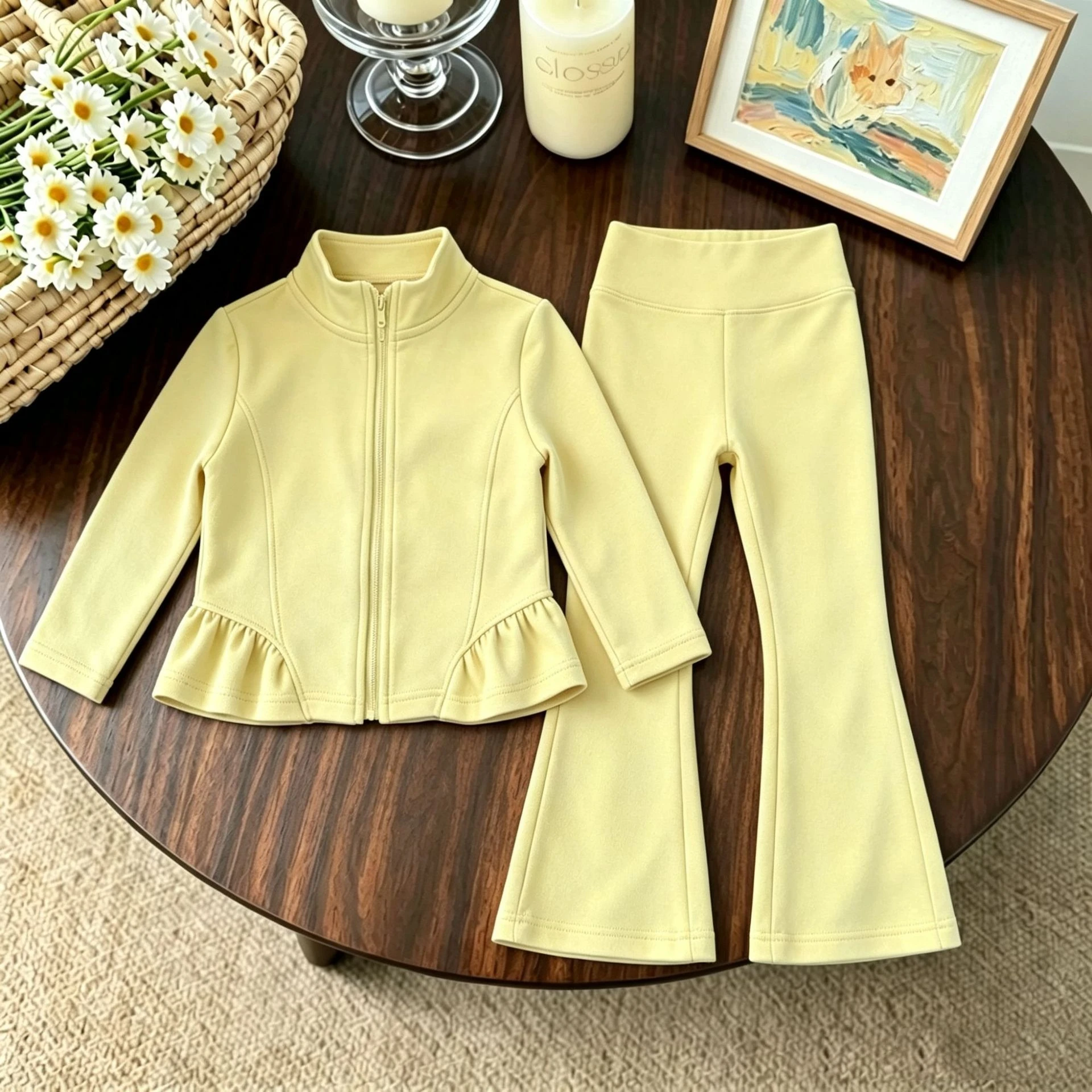 Girl Kids Autumn 2026 New Fashion Stand Collar Long Sleeve Coat and Elastic Waist Bell-bottoms Two Price Sets