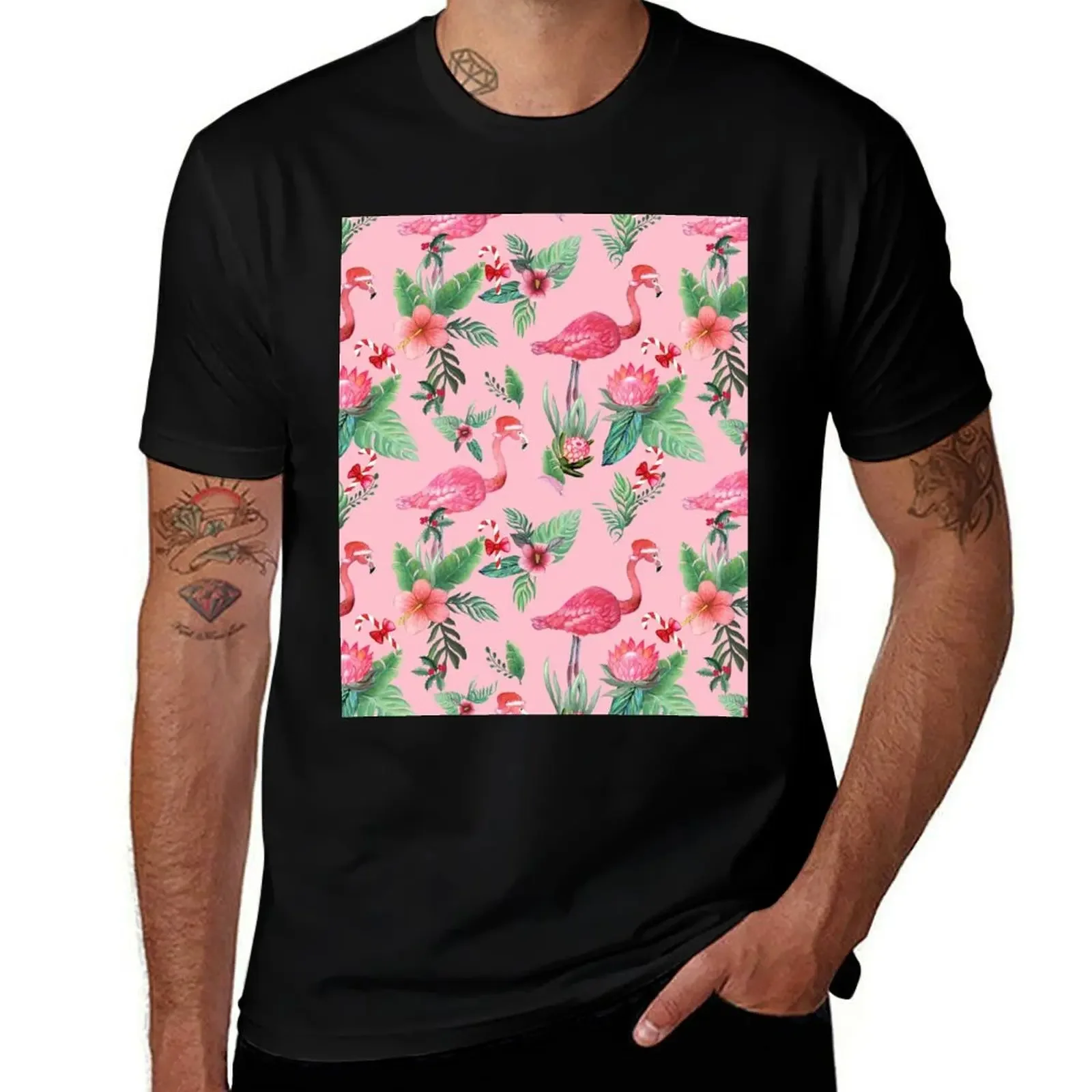 Navidad Flamenco Santa sobre Rosa con bastones de caramelo/Camiseta navideña tropical Blusa Ropa estética camisetas para hombres paquete