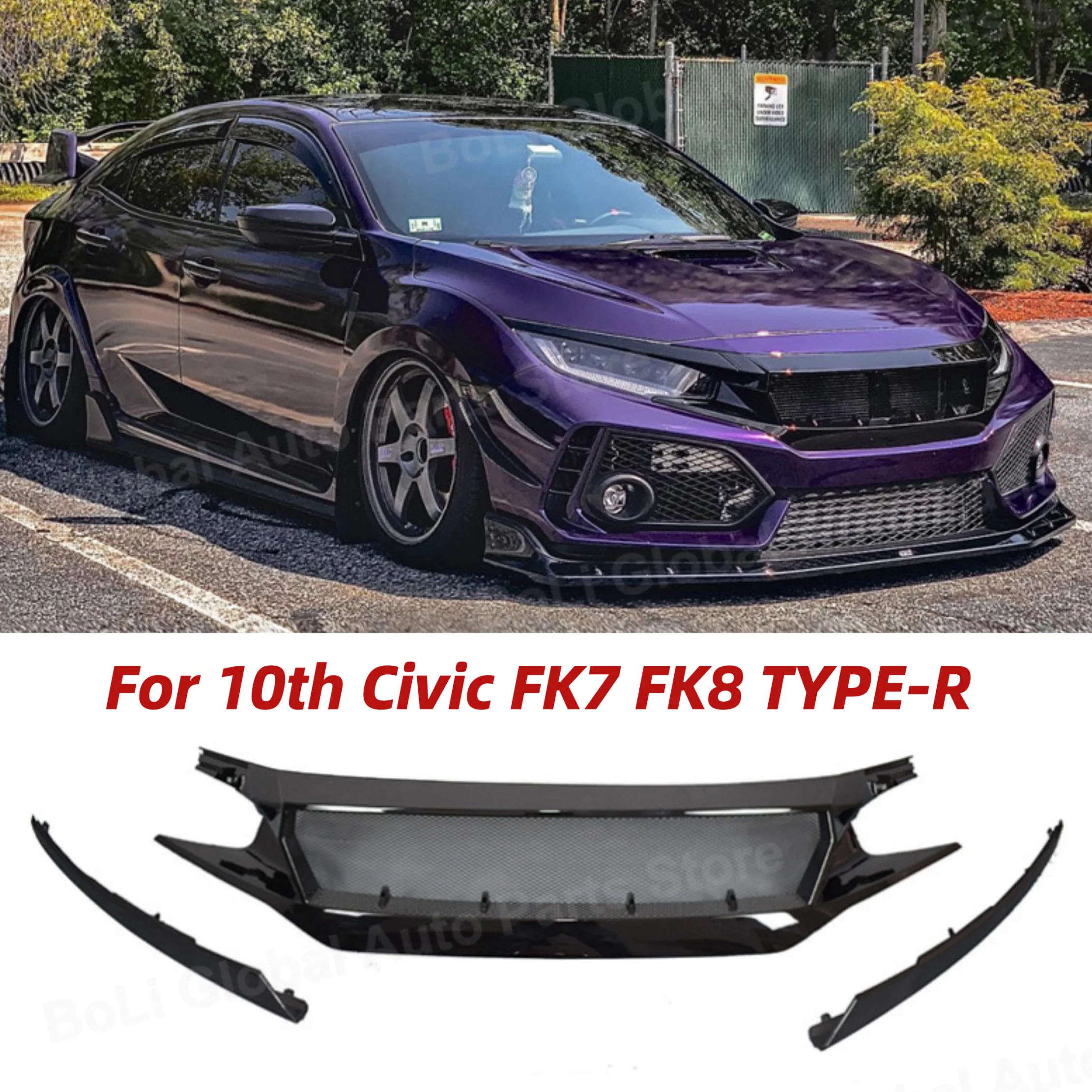 For 10th Civic FK7 FK8 TYPE-R Fiberglass Front Bumper Grille Racing Car Accessories FC JS N1 Style Air Intake Grille Engine Hood