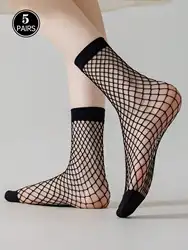 5 paar dunne visnetsokken voor dames, mesh sexy medium sokken, ademende zweetabsorberende kousen
