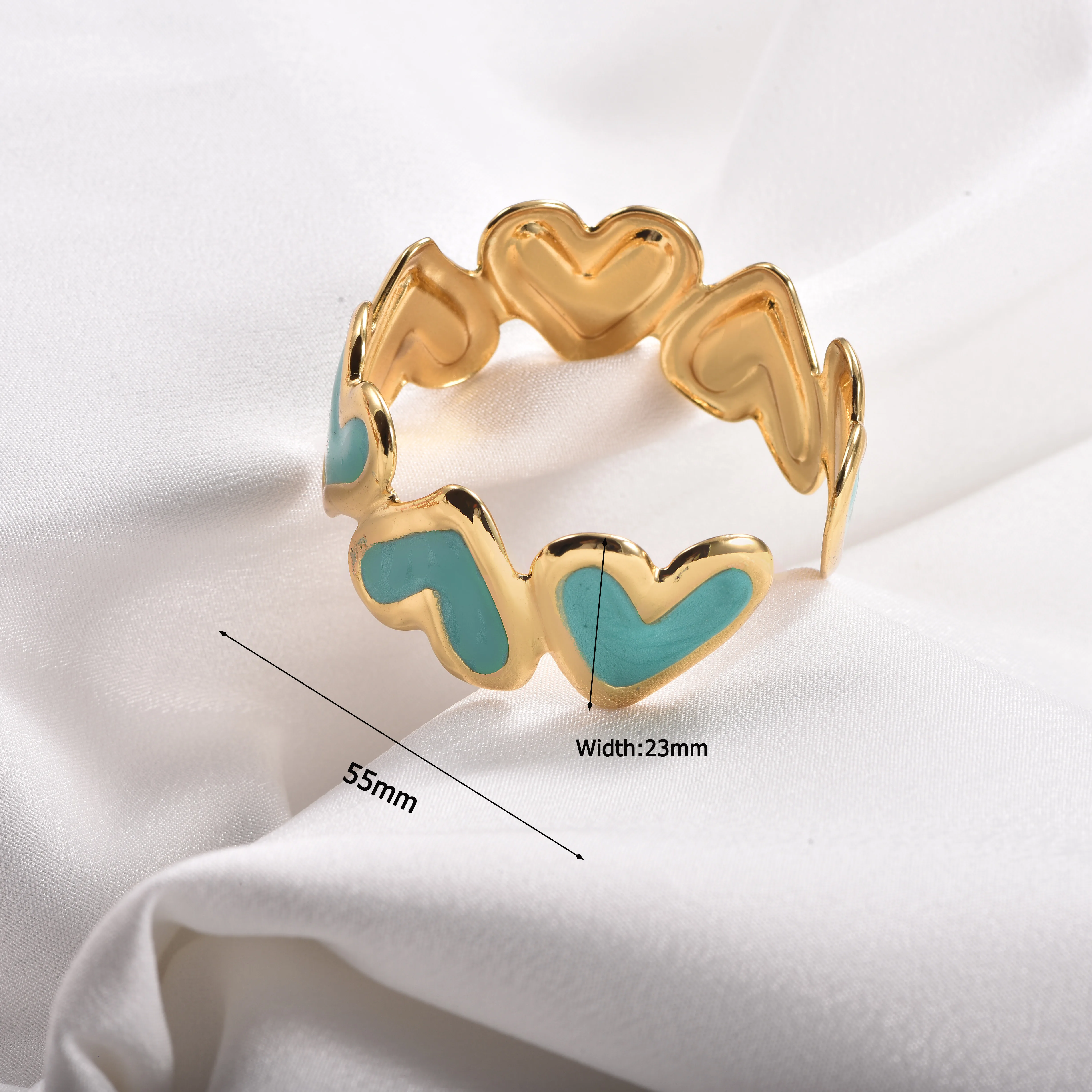 Modischer Emaille-Armreif für Damen, vergoldet, in Ginkgo-Blatt-/Herzform, verstellbares Armband, breiter Emaille-Armreif. – Detail 2