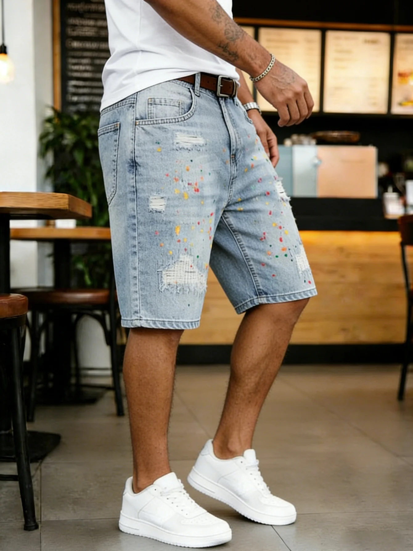 2026 New Men's Light Blue Washed Denim Shorts - Loose Fit Distressed Jean Shorts with Paint Splatter Details Streetwear, Vintage