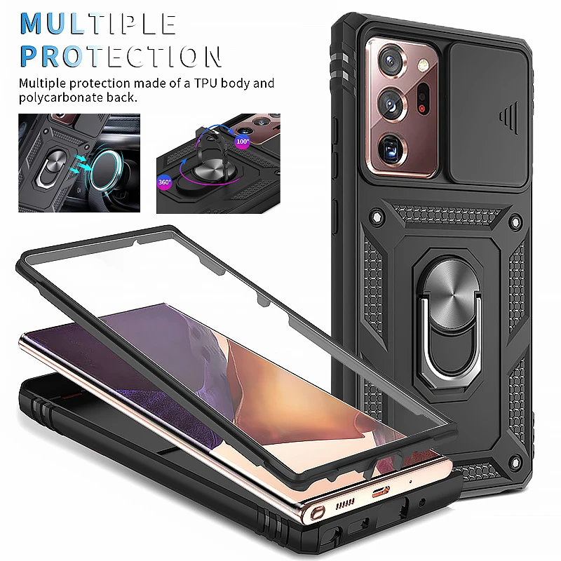 For Samsung Galaxy Note 20 Ultra Case Slide Lens Full Protect PC+TPU Back Cover for Samsung Note20 Ultra Metal Ring Stand Funda