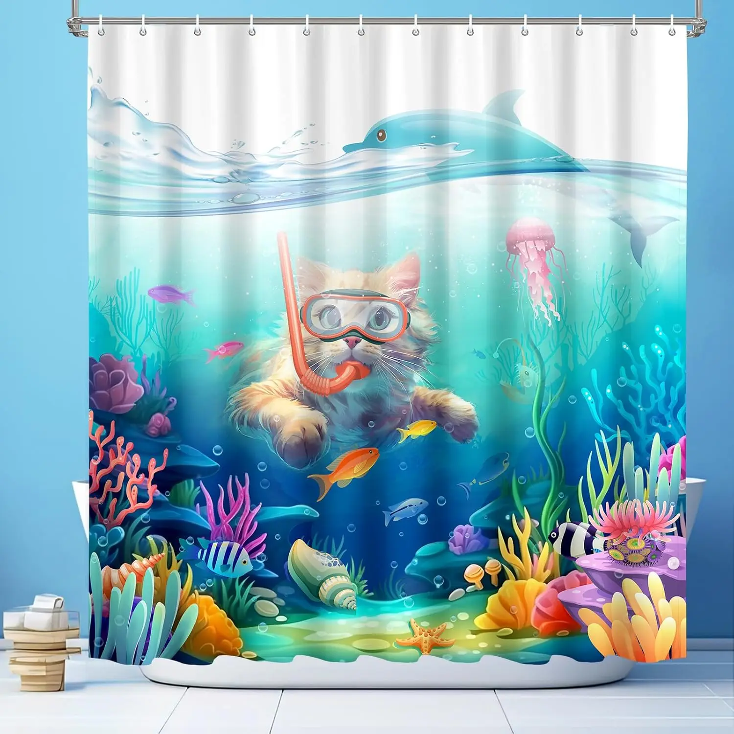 

Cartoon Cat Scuba Diving With Dolphin Underwater Coral Reef Ocean Theme Decorative Shower Curtain