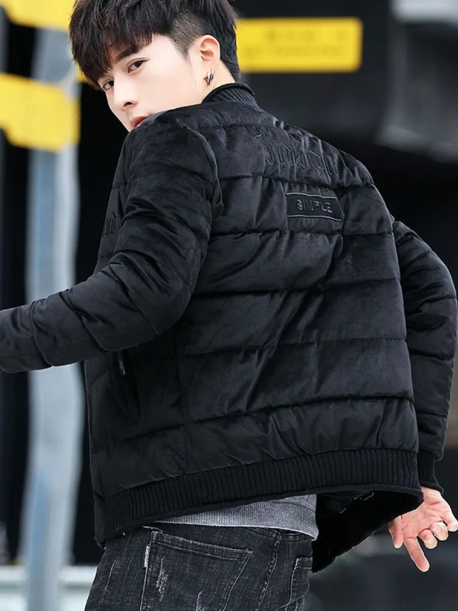 

Мужская зимняя утепленная бархатная пуховая куртка в корейском стиле, приталенная, модная, теплая, с длинными рукавами, укороченная, на двойной пуговице