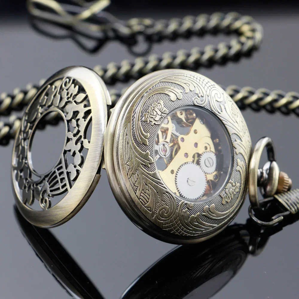 New Mechanical Pocket Watch Men Roman Numerals Display Steampunk Bronze Vintage Fob Chain Pendant Women Men Timepiece PJX1654
