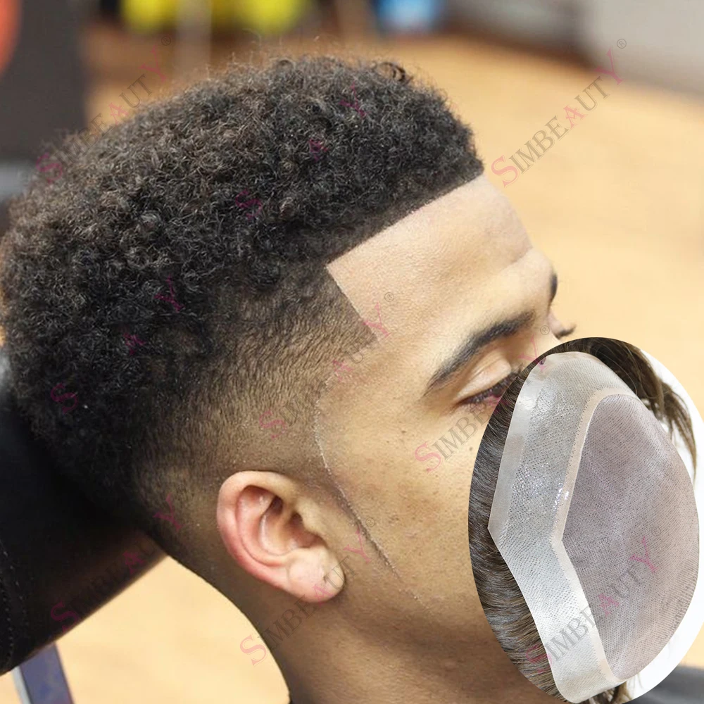 

6mm Afro Kinky Curly Wigs Durable Breathable Mono Lace&Thin PU African System Men Toupee #3 Light Brown Blonde Black Human Hair