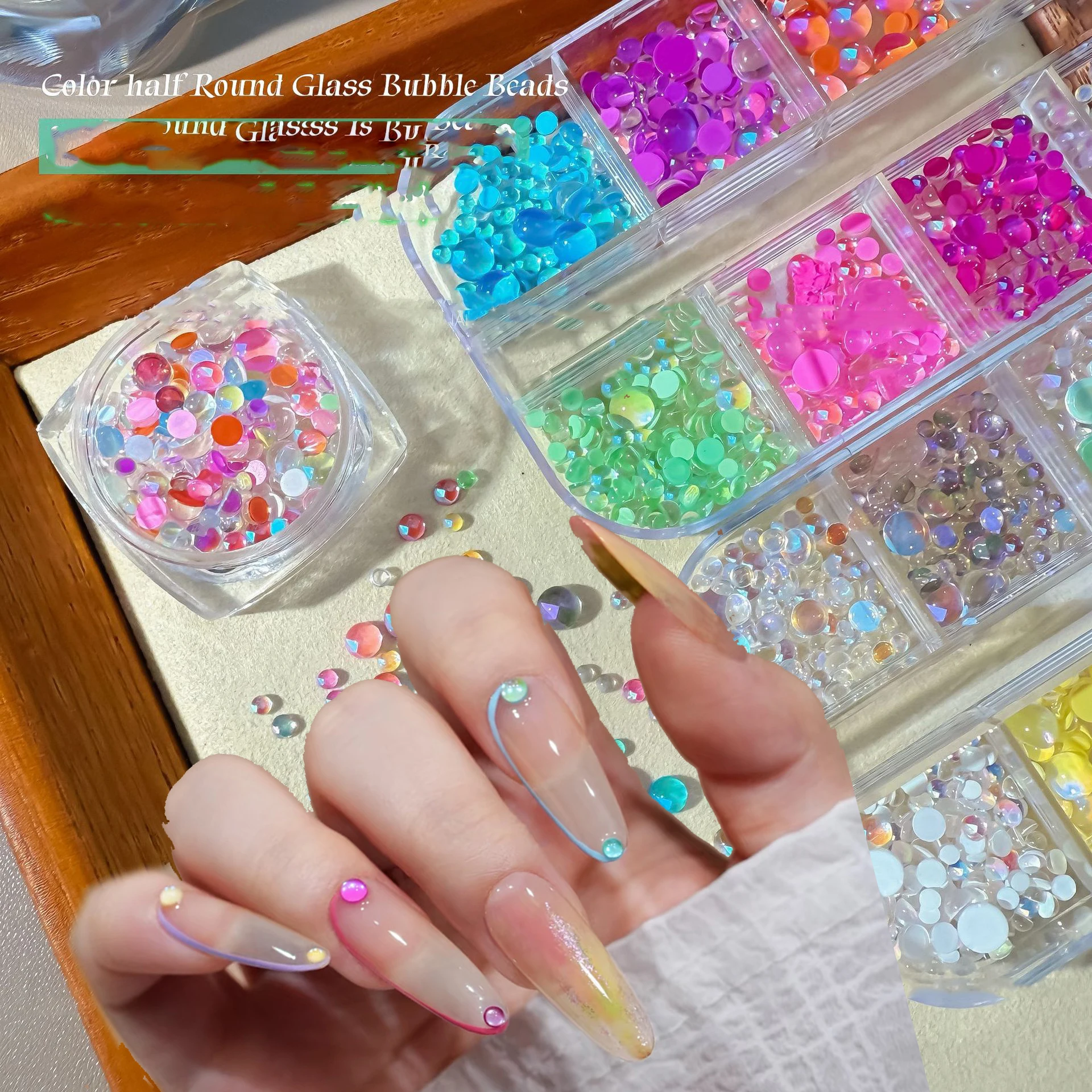 

6Grids/box 3D Aurora Mermaid Bead Nails Art Rhinestone Mixed-Size Colorful Mermaid Round Bead Nail Crystal DIY Manicure Diamond