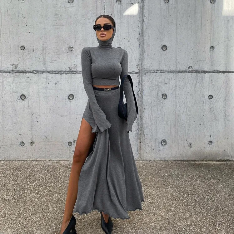 DSMTRC Gray Bodycon Skirt Sets For Women Two Pieces Elegant Long Sleeve Crop Top With High Waist Slit Long Skirts Matching Suits