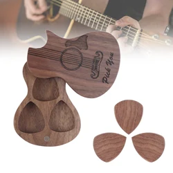 Solid Wood Walnut Guitar Pick Box Holder with 3pcs Walnut Guitar Picks Wooden Engraved Guitar Pick Plectrum Case Gift Set