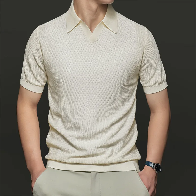

High Grade Silk Lyocell Tops Men Thin Breathable Knitwear Short Sleeve Clothes Male Turn Down Collar Silk Wool Knit T-shirts