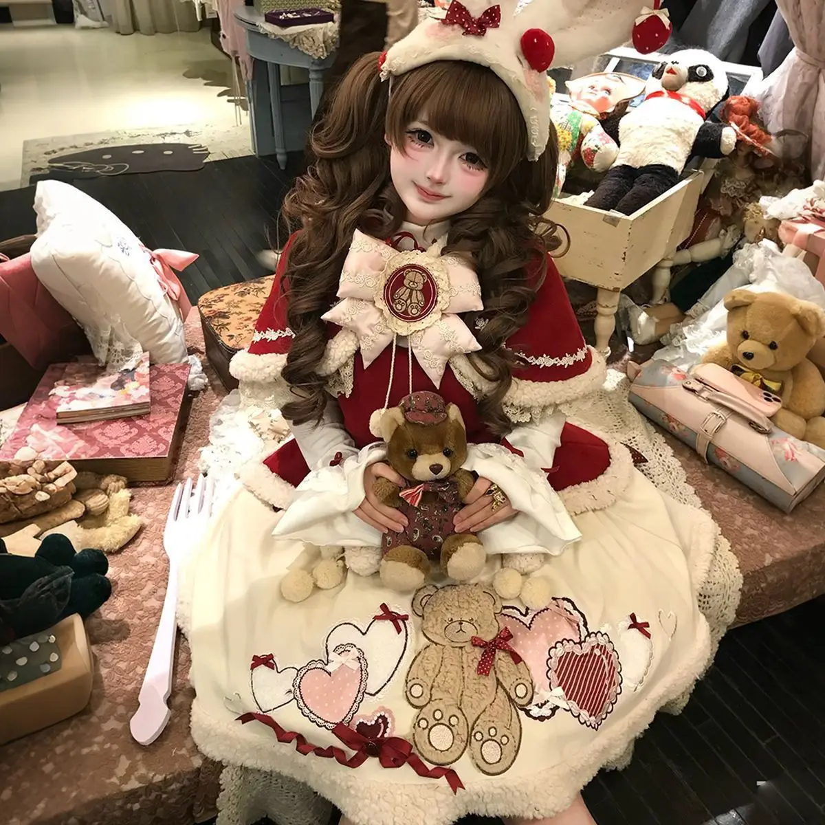Cute Bunny Ear Hood Cloak Lolita Outfit Heart Blast Design Plush Trim Sleeveless Dress For Christmas Theme Photoshoot