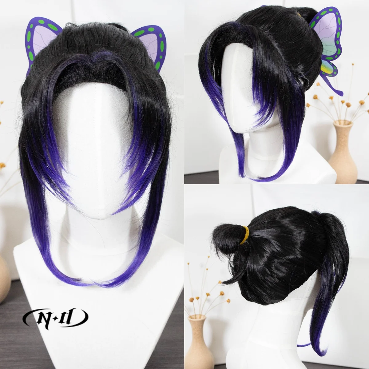 ND Shinobu Kocho Cosplay Wigs Hairpiece Kimetsu no Yaiba Anime Cosplay Hair Wigs Heat Resistant Synthetic for Comic Con Coser