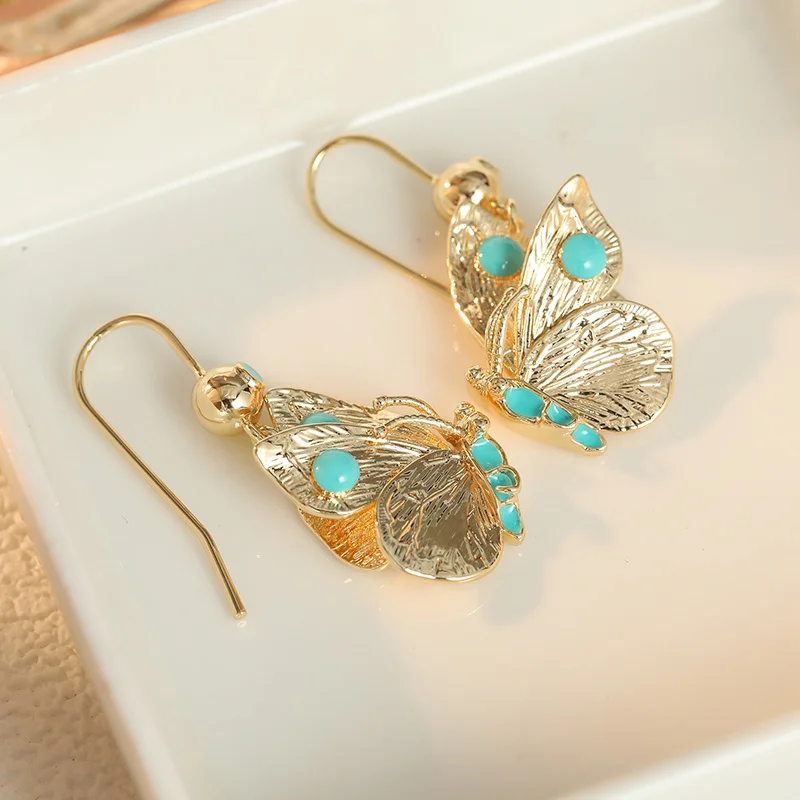 Ladies' Vintage Texture Butterfly Pendant Earrings Blue Synthetic Turquoise Embellishment Rustic Fresh Style Earrings Jewelry view 5